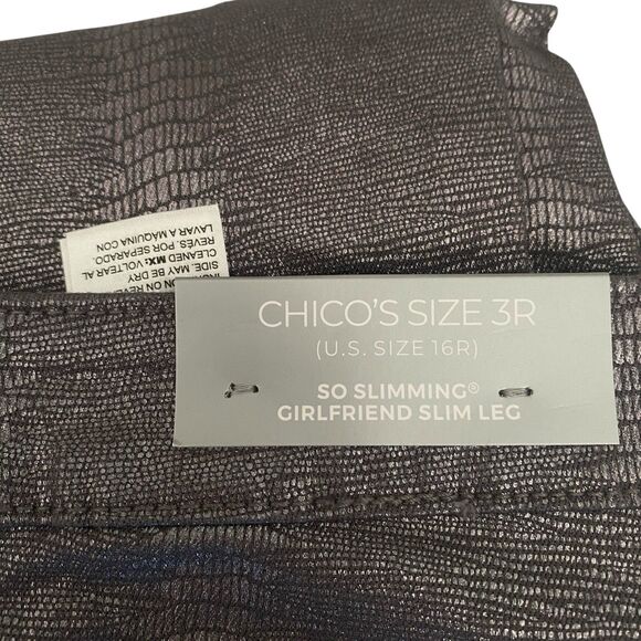Chicos Size 3 16 Womens So Slimming Girlfriend Coated Silver Gator Ankle Jeans - Picture 3 of 14
